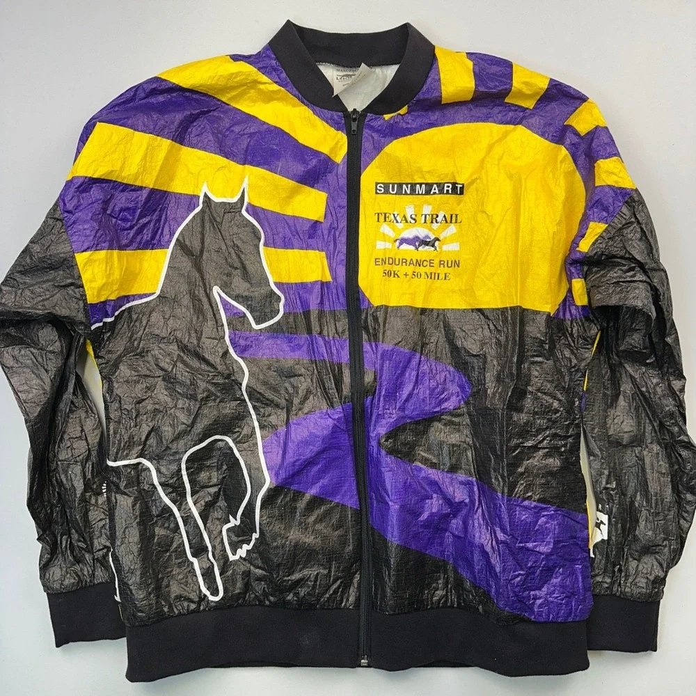 Vintage 90s Texas Trail Tyvek Endurance Run‎ Jacket Purple Yellow Sun Horse Sz L